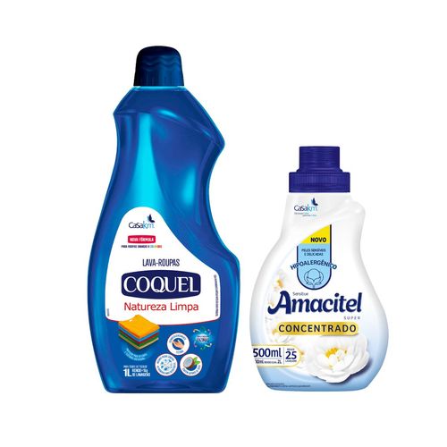 Kit Amaciante Concentrado Amacitel Sensitive 500ml + Lava-Roupas Líquido Coquel Natureza Limpa 1L