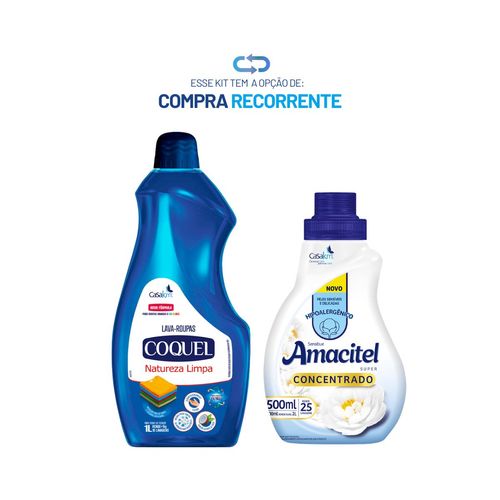 Kit Amaciante Concentrado Amacitel Sensitive 500ml + Lava-Roupas Líquido Coquel Natureza Limpa 1L